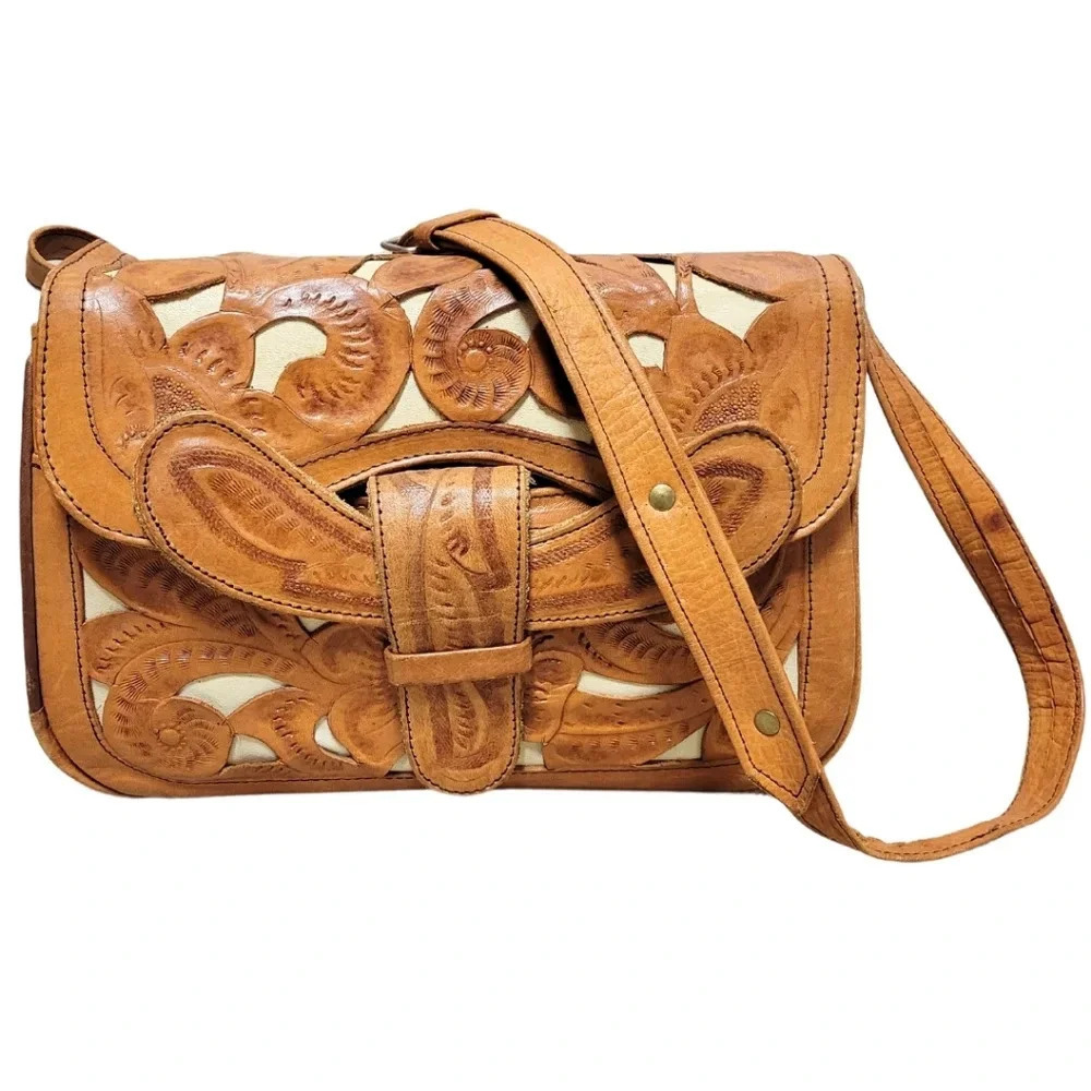 Mexican Handmade & Tooled Leather Shoulder Bag Tote Womens Vintage